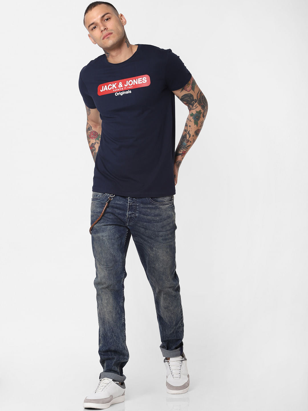 Navy Blue Logo Print Crew Neck T-Shirt