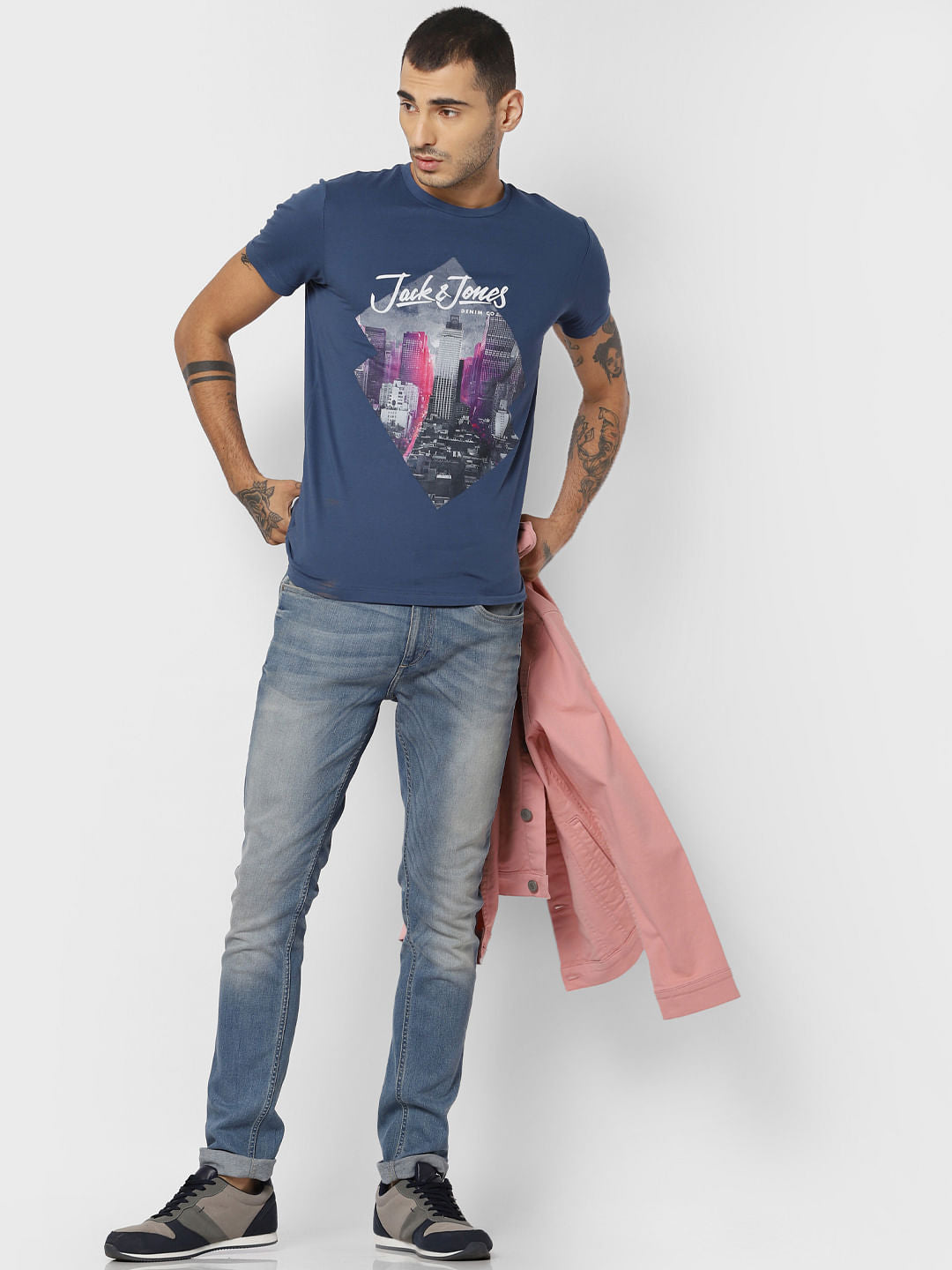 Blue Graphic Print Crew Neck T-shirt - S
