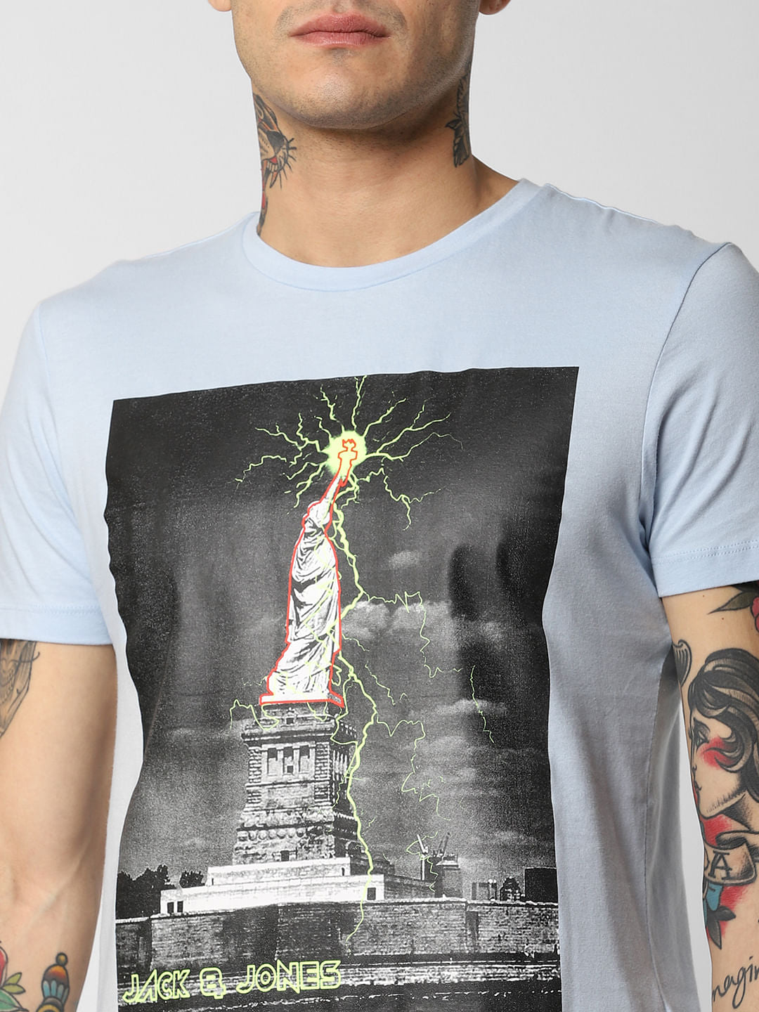 Blue Statue Of Liberty Print Crew Neck T-Shirt