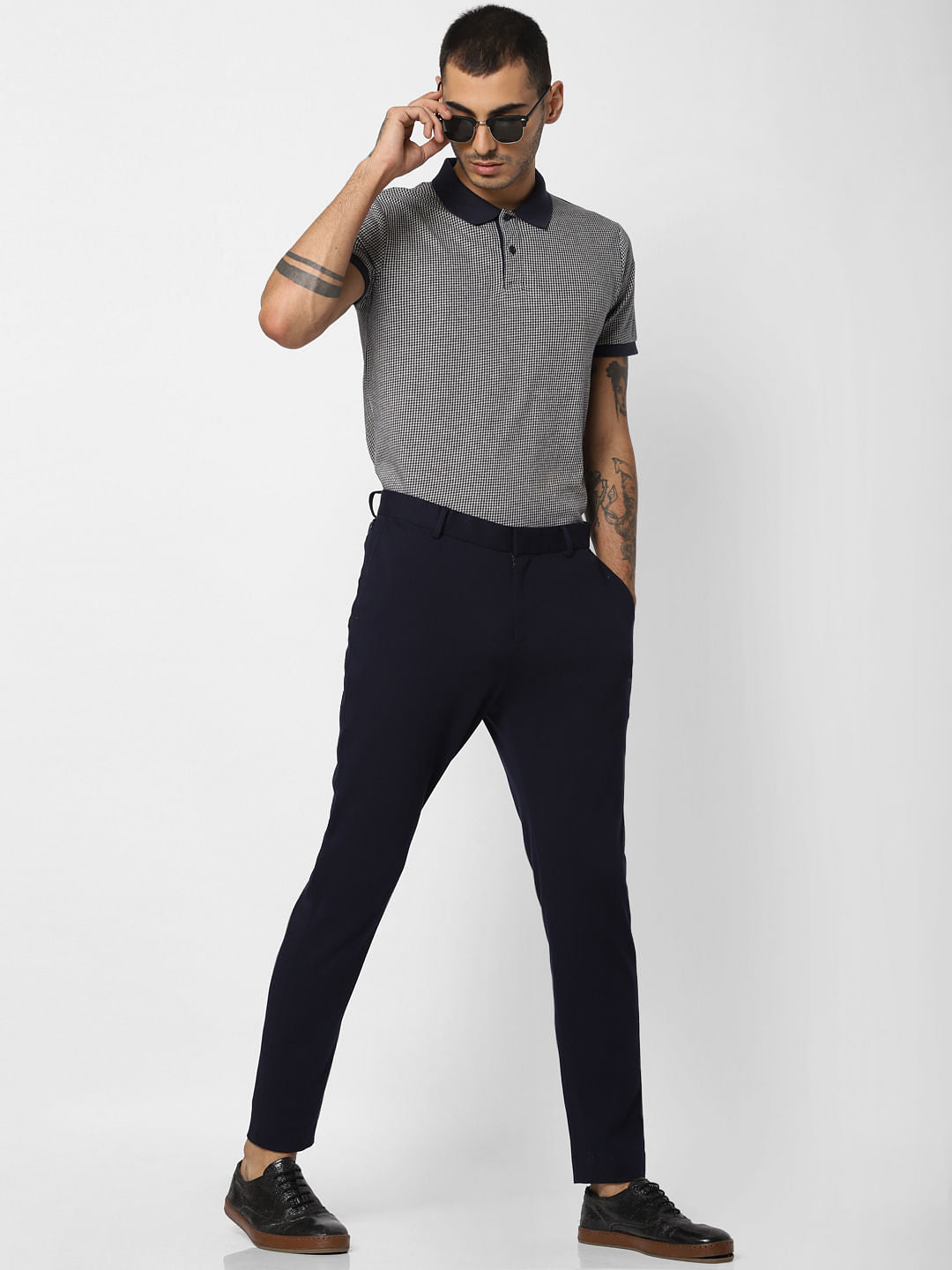 Navy Blue Printed Polo Neck T-shirt - S