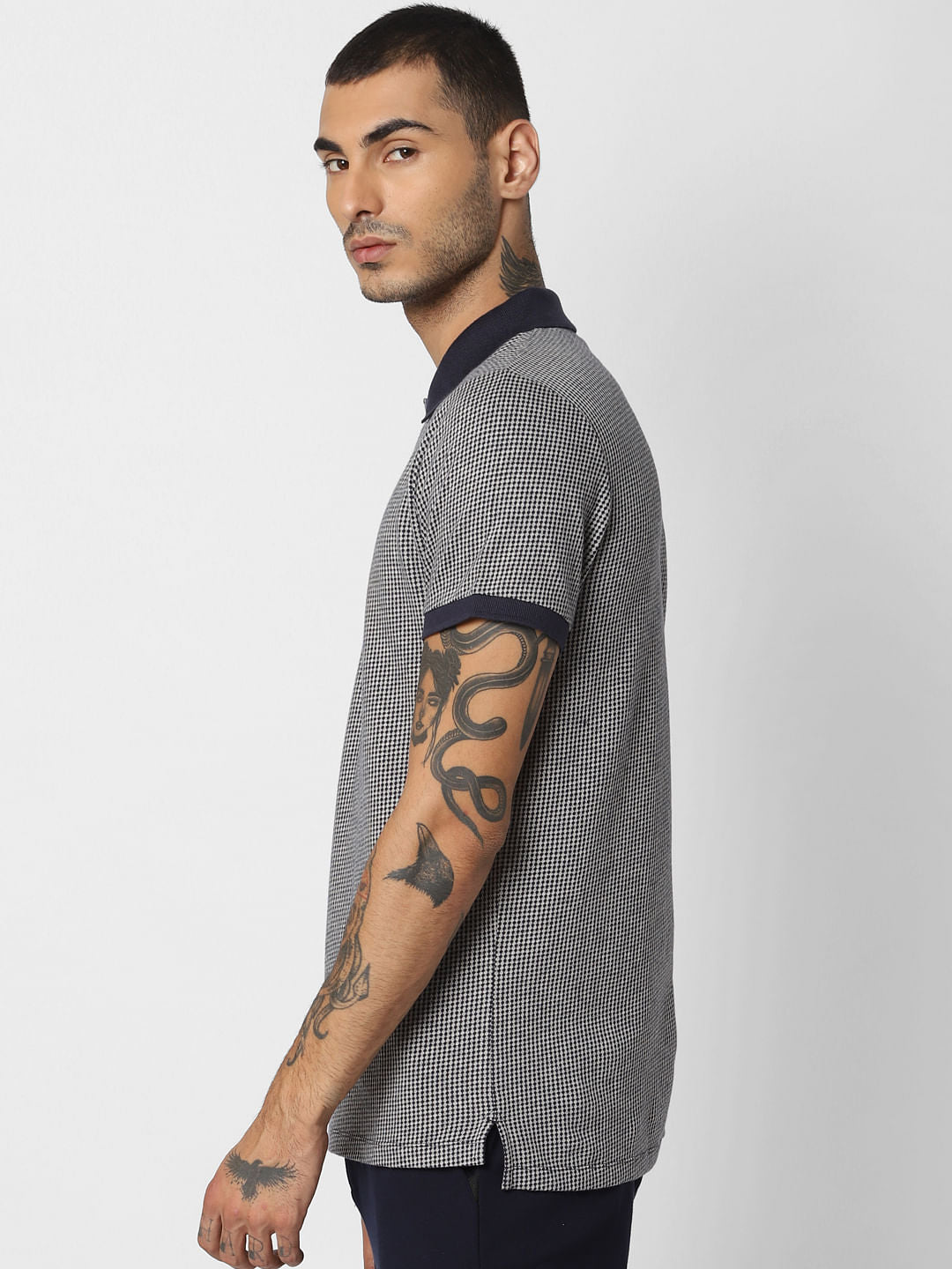Navy Blue Printed Polo Neck T-shirt