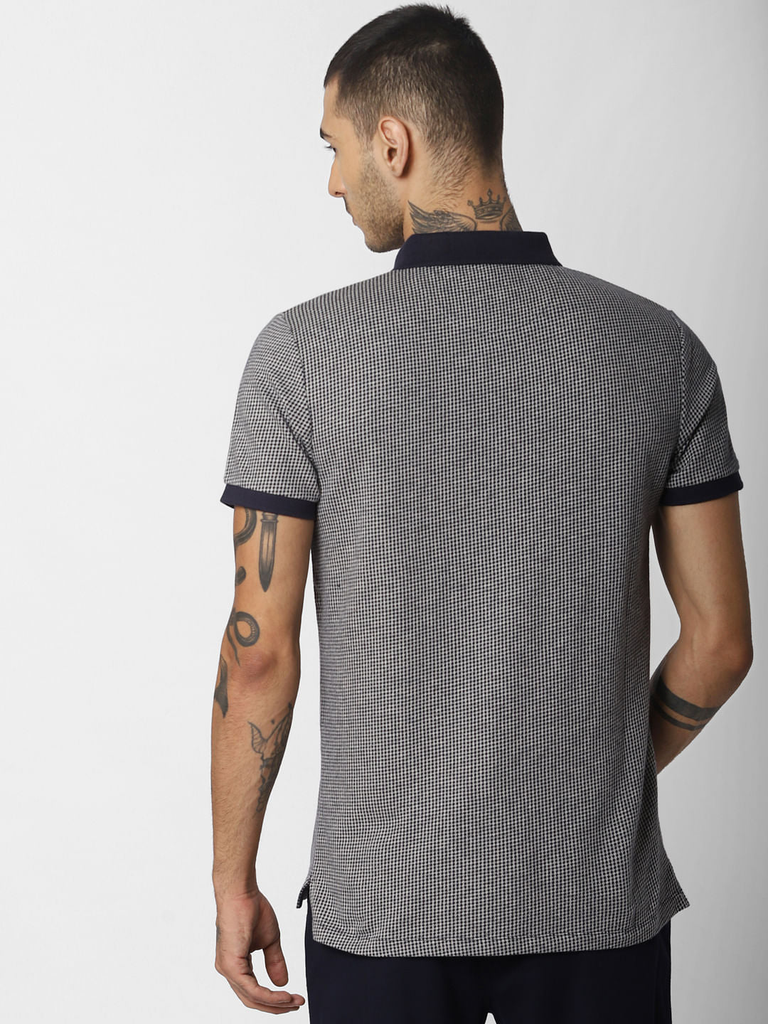 Navy Blue Printed Polo Neck T-shirt