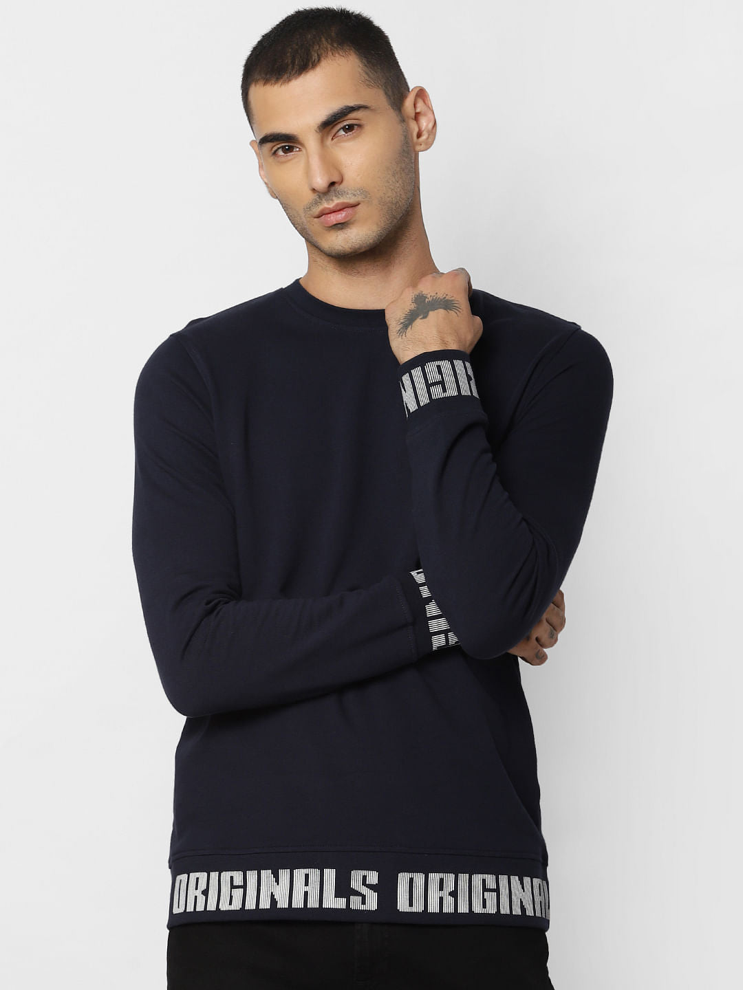 Navy Blue Text Print Sweatshirt