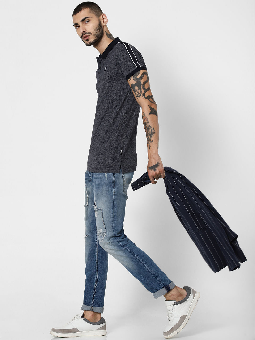 Navy Blue Tape Detail Polo T-Shirt - S