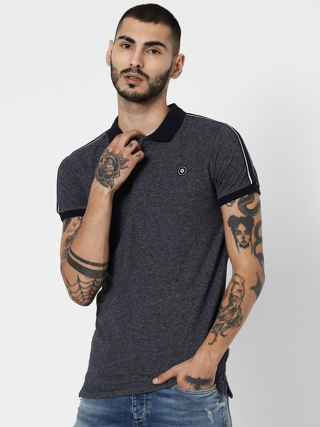 Navy Blue Tape Detail Polo T-Shirt