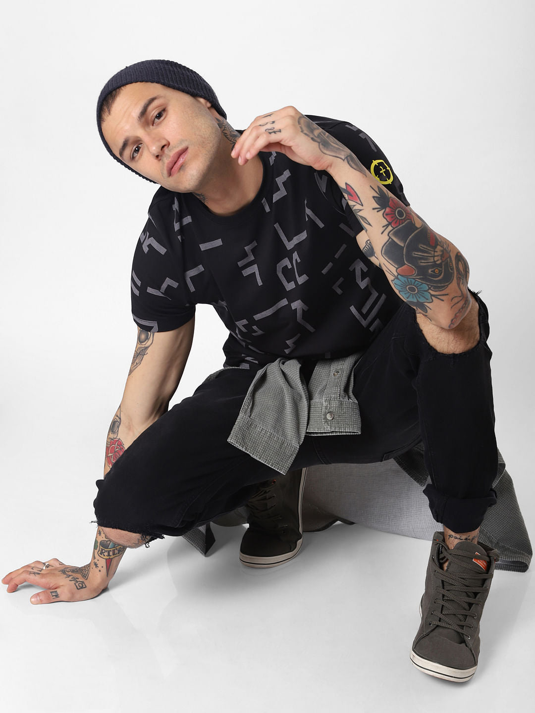 Black All Over Print Crew Neck T-Shirt