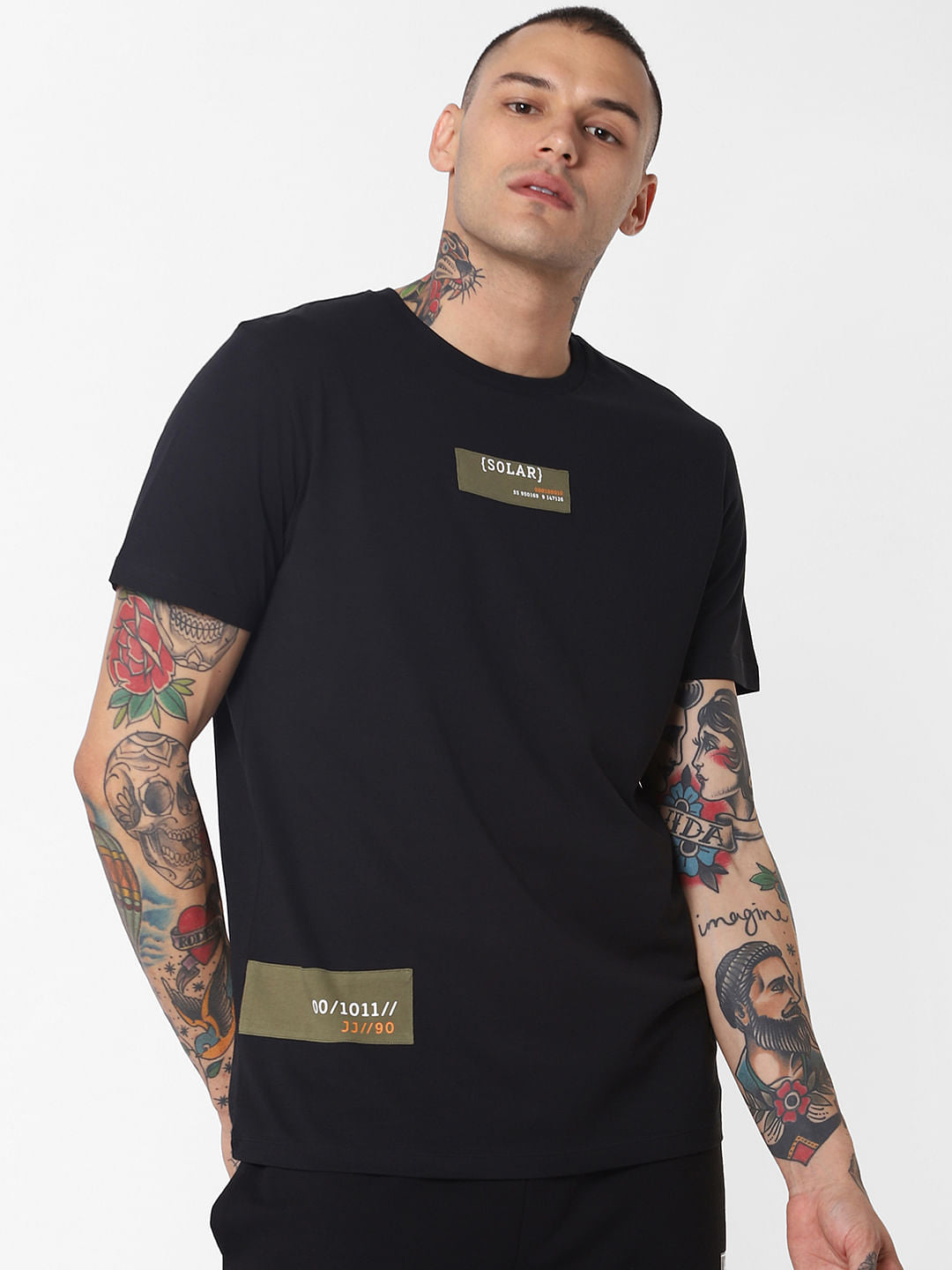 Black Patch Print Crew Neck T-Shirt