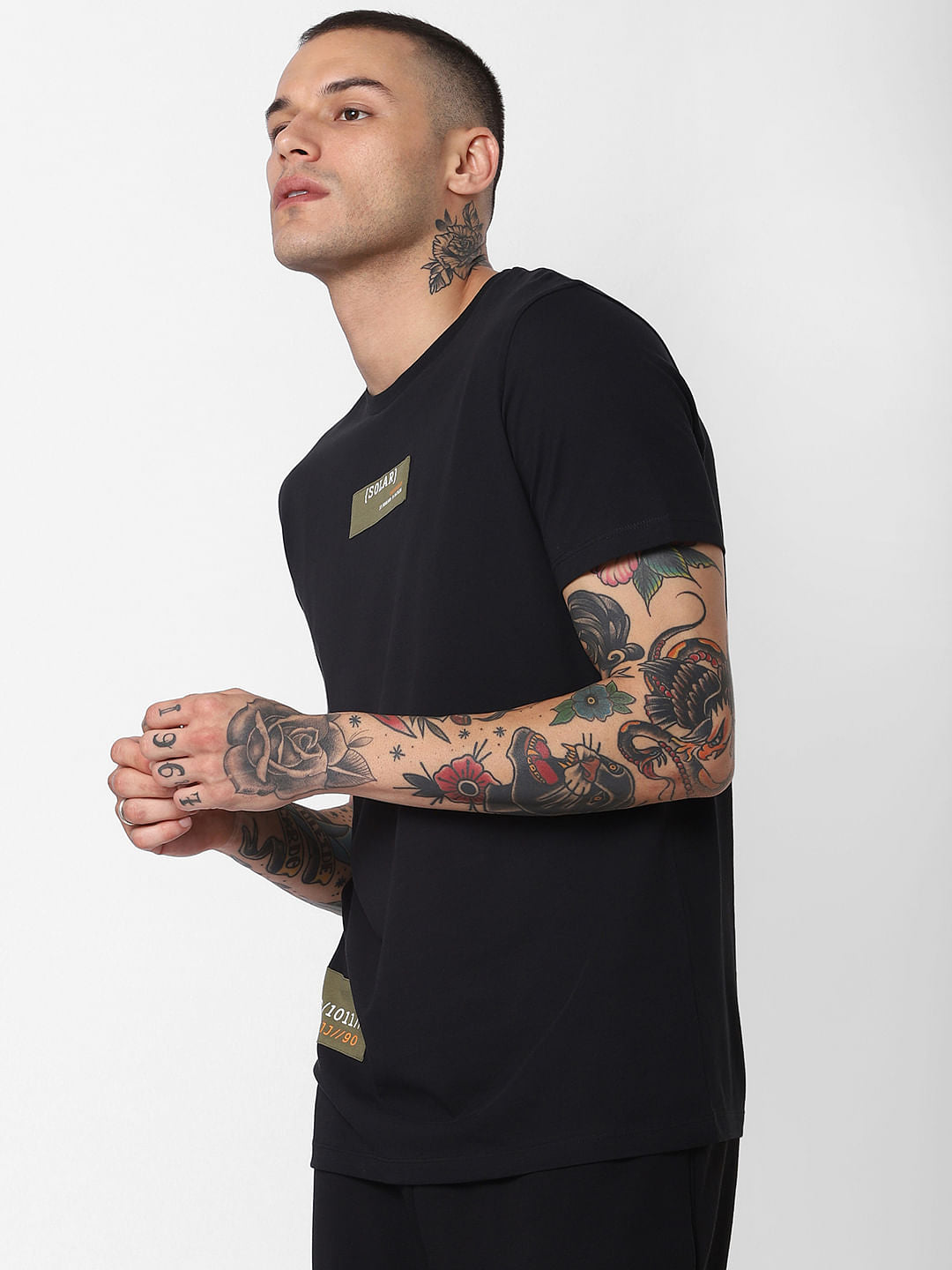 Black Patch Print Crew Neck T-Shirt