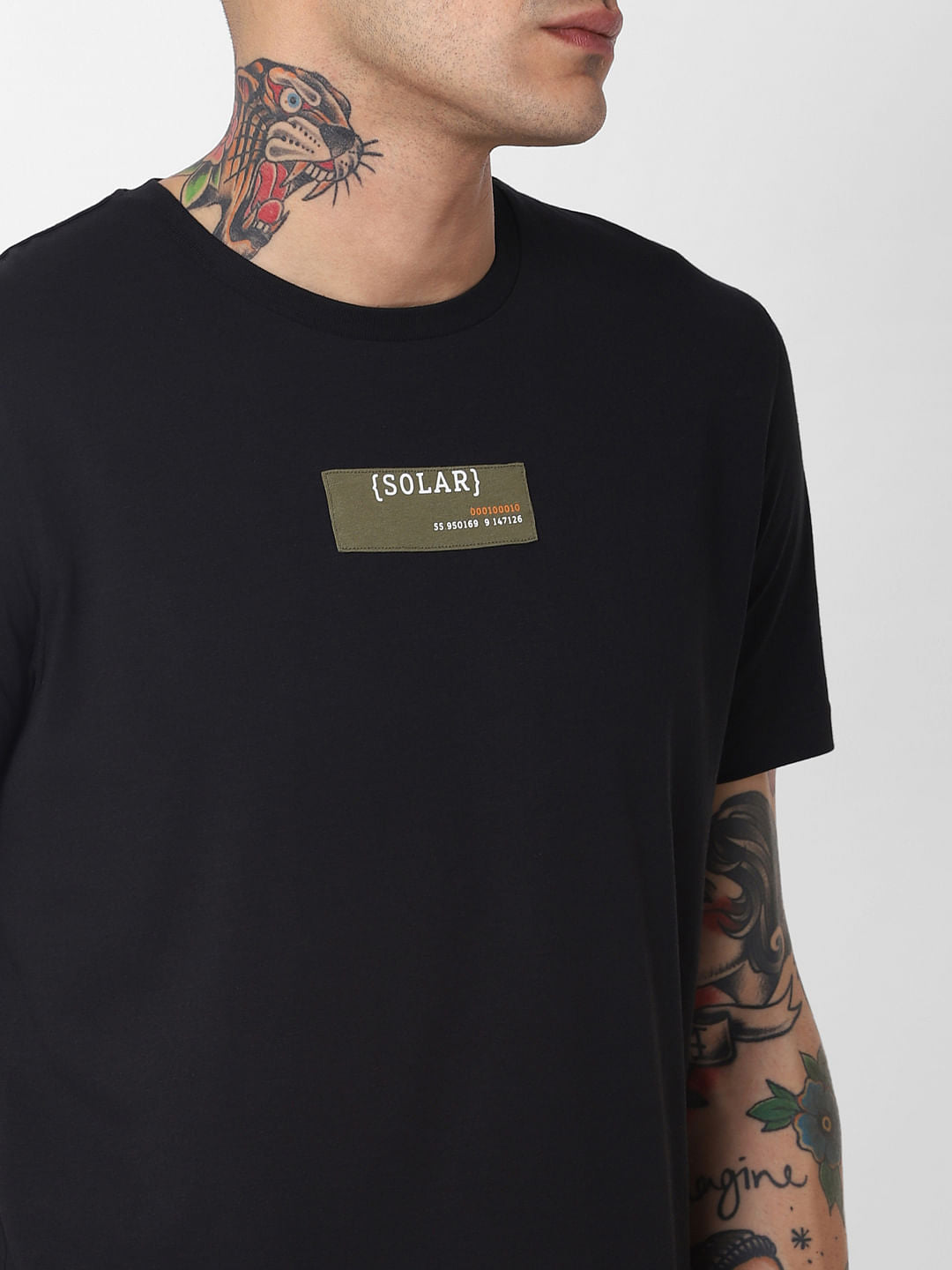 Black Patch Print Crew Neck T-Shirt