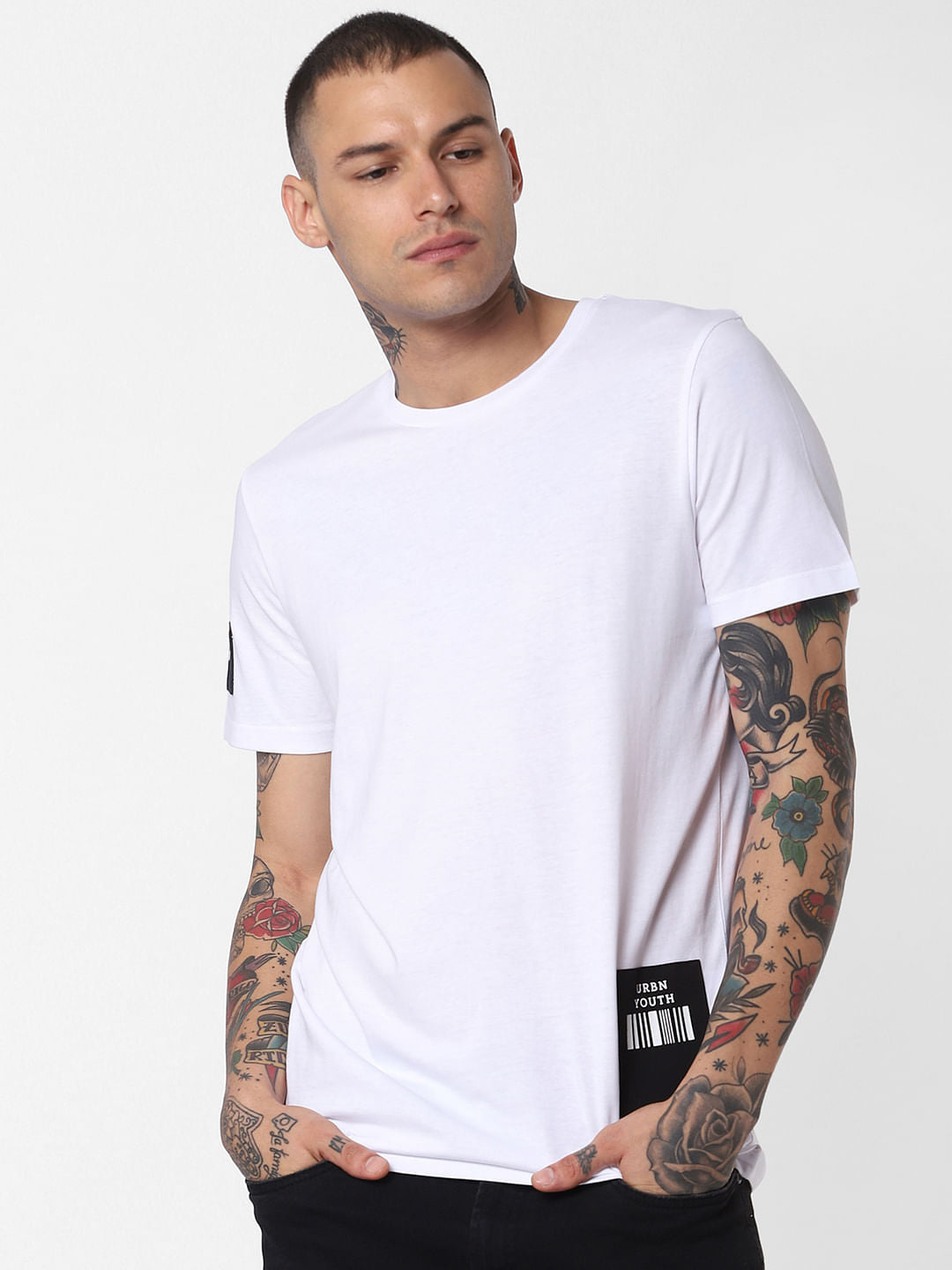 White Patch Print Crew Neck T-Shirt - S