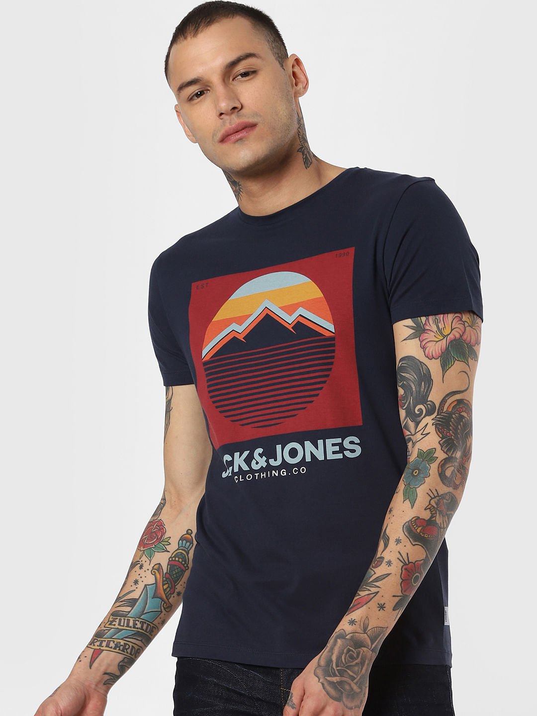 Navy Blue Graphic Print Crew Neck T-Shirt - S