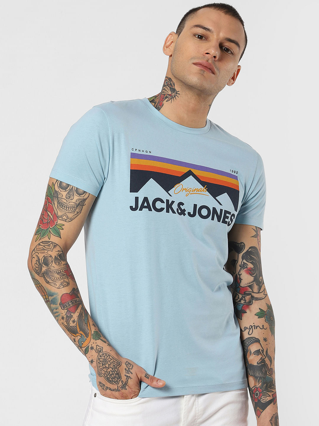 Blue Graphic Print Crew Neck T-Shirt - S