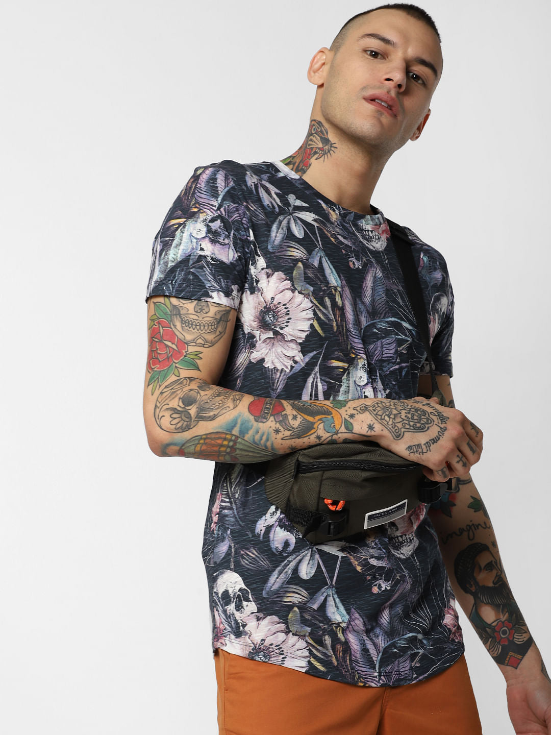 Navy Blue Floral Print Crew Neck T-Shirt