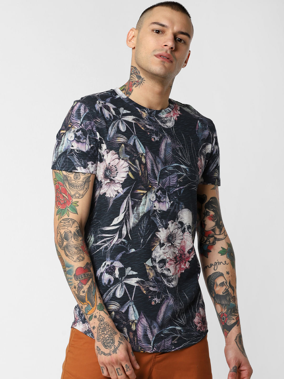 Navy Blue Floral Print Crew Neck T-Shirt