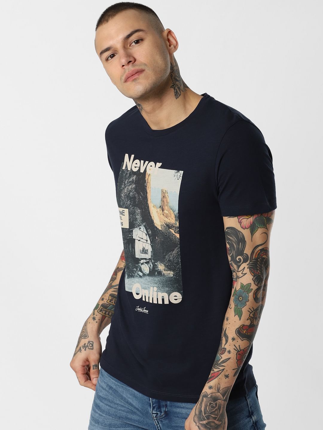Blue Never Online Print Crew Neck T-Shirt