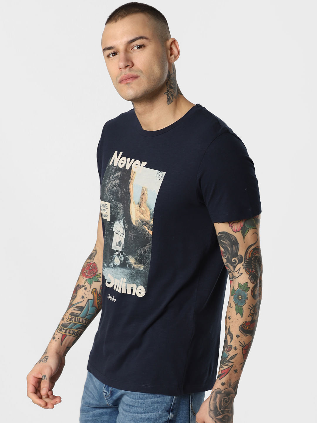 Blue Never Online Print Crew Neck T-Shirt