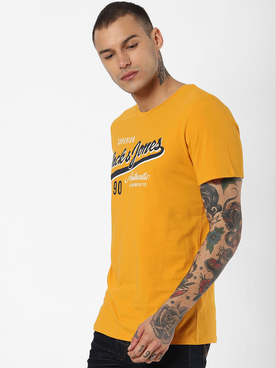 Yellow Logo Print Crew Neck T-Shirt