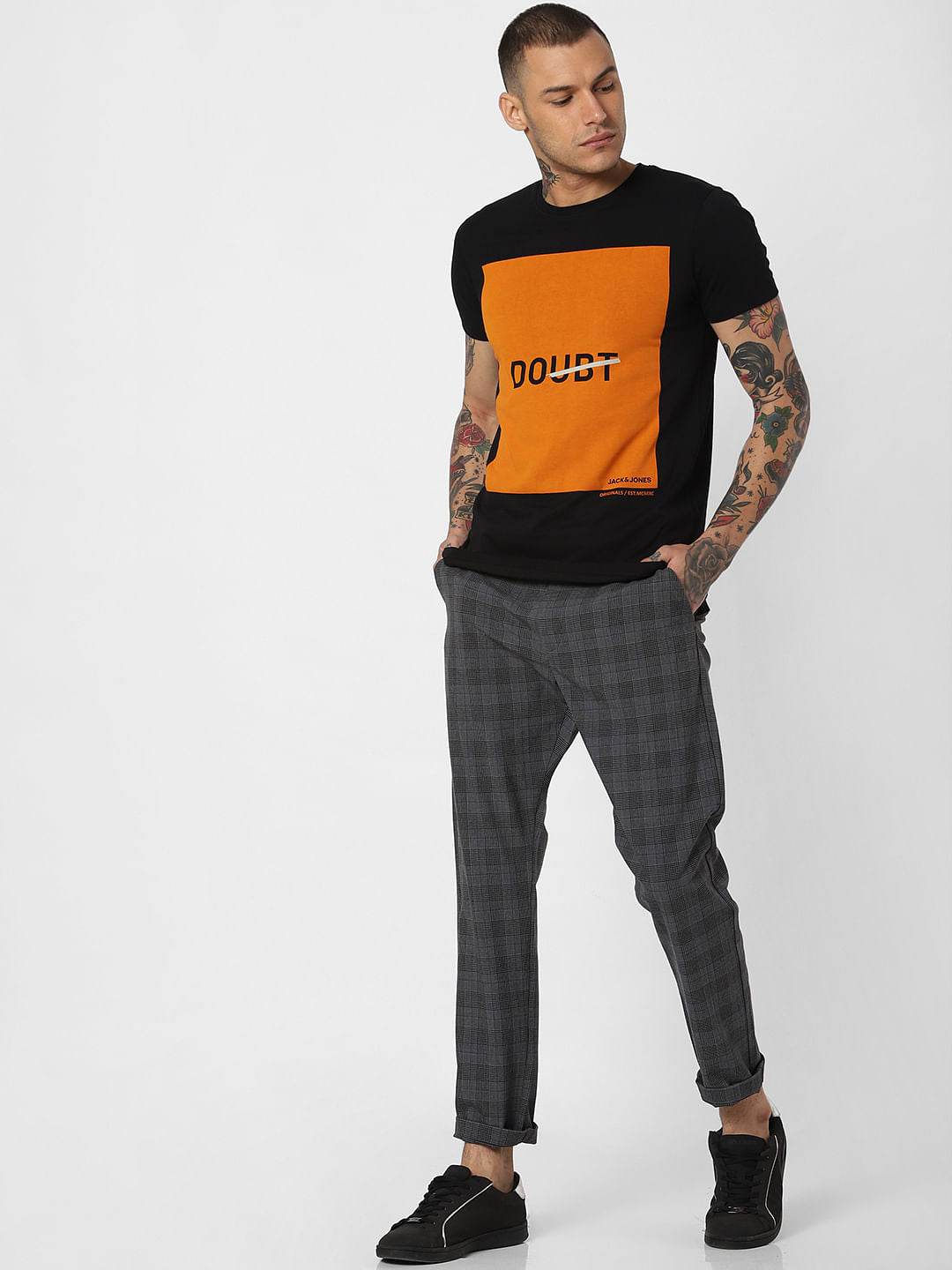 Grey Mid Rise Check Pants - 27/30