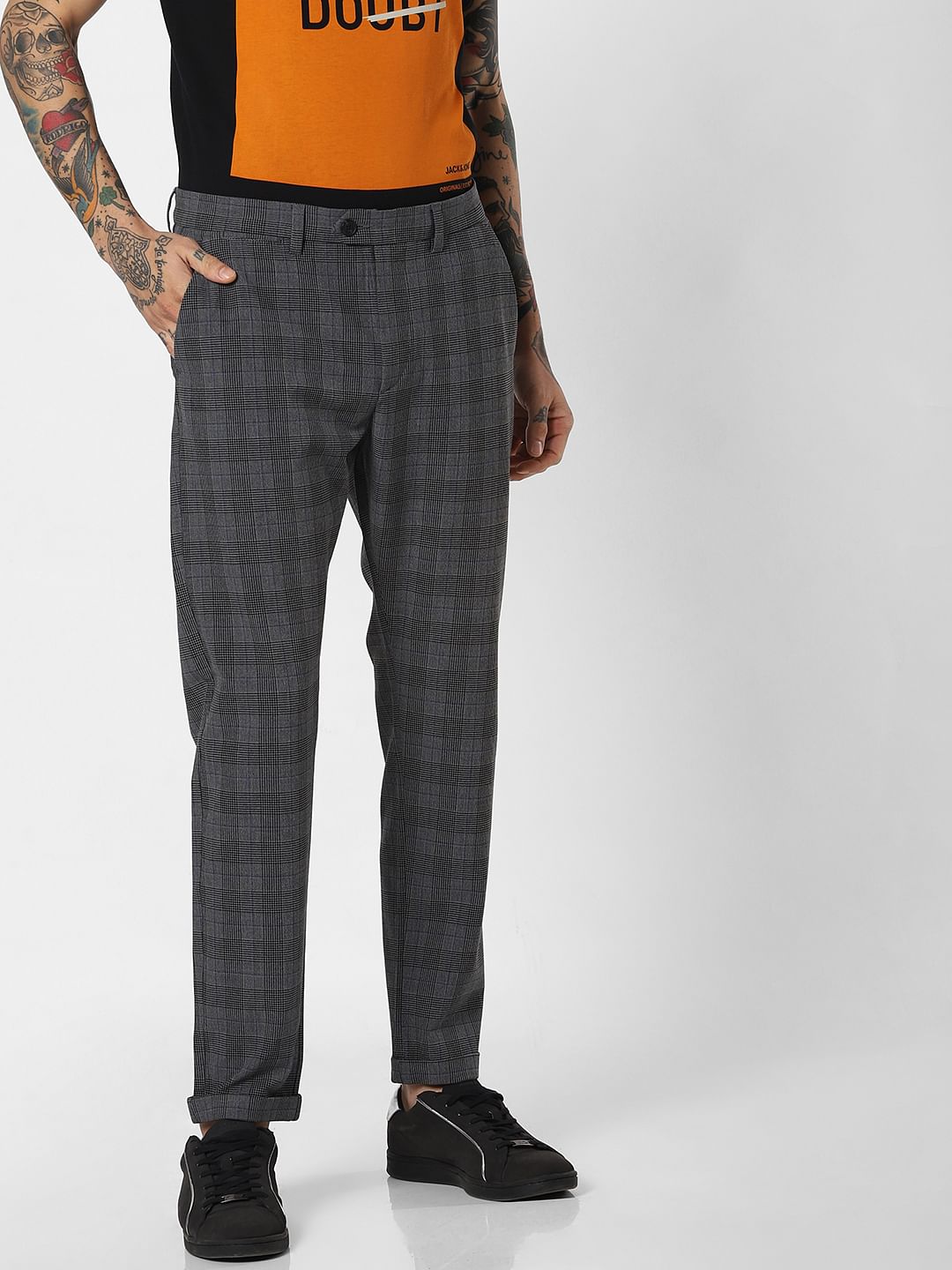 Grey Mid Rise Check Pants