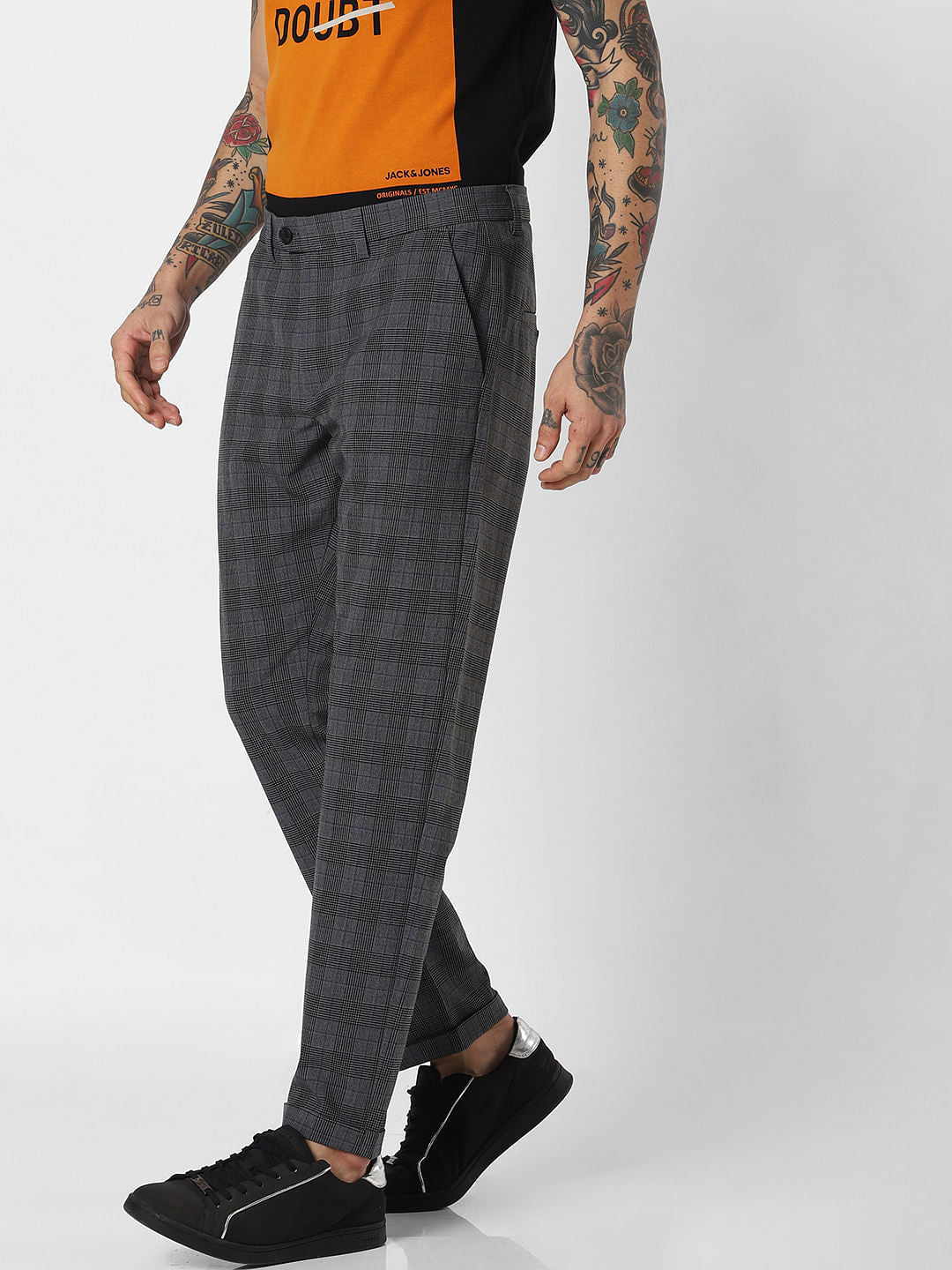 Grey Mid Rise Check Pants