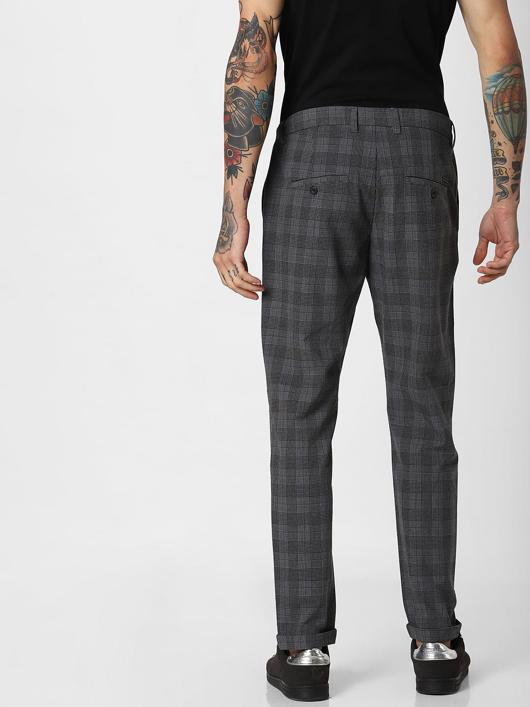 Grey Mid Rise Check Pants