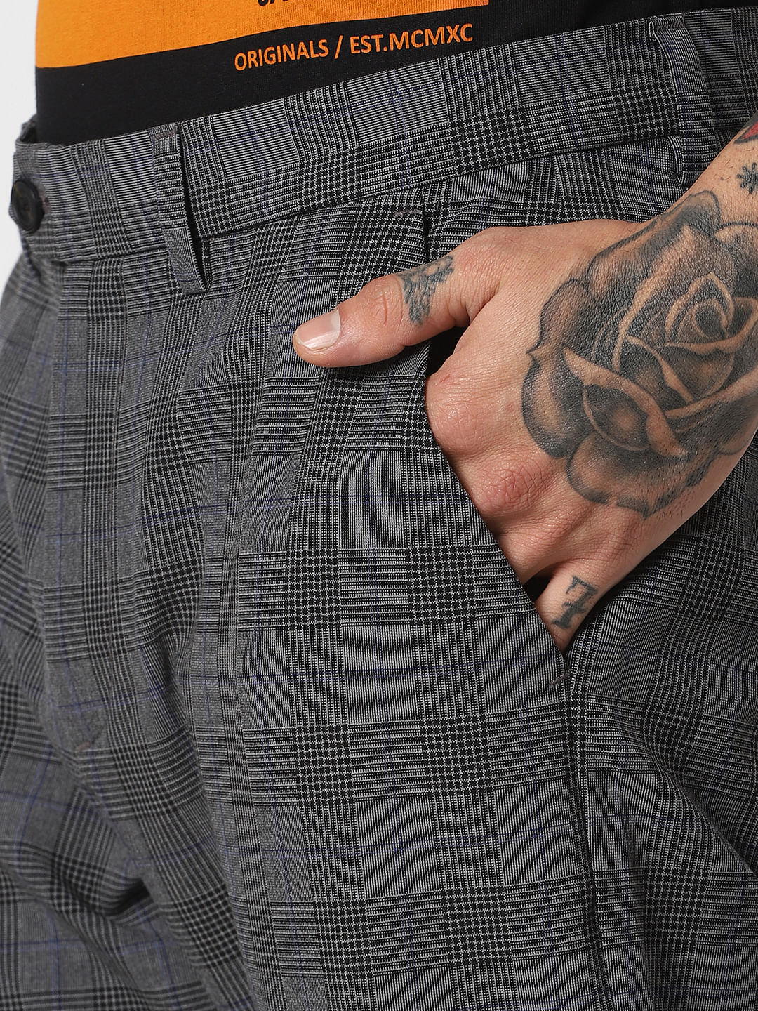 Grey Mid Rise Check Pants