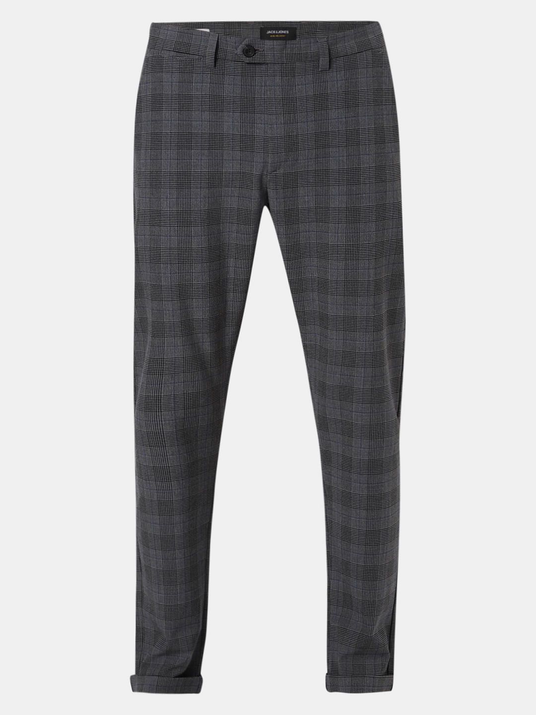 Grey Mid Rise Check Pants