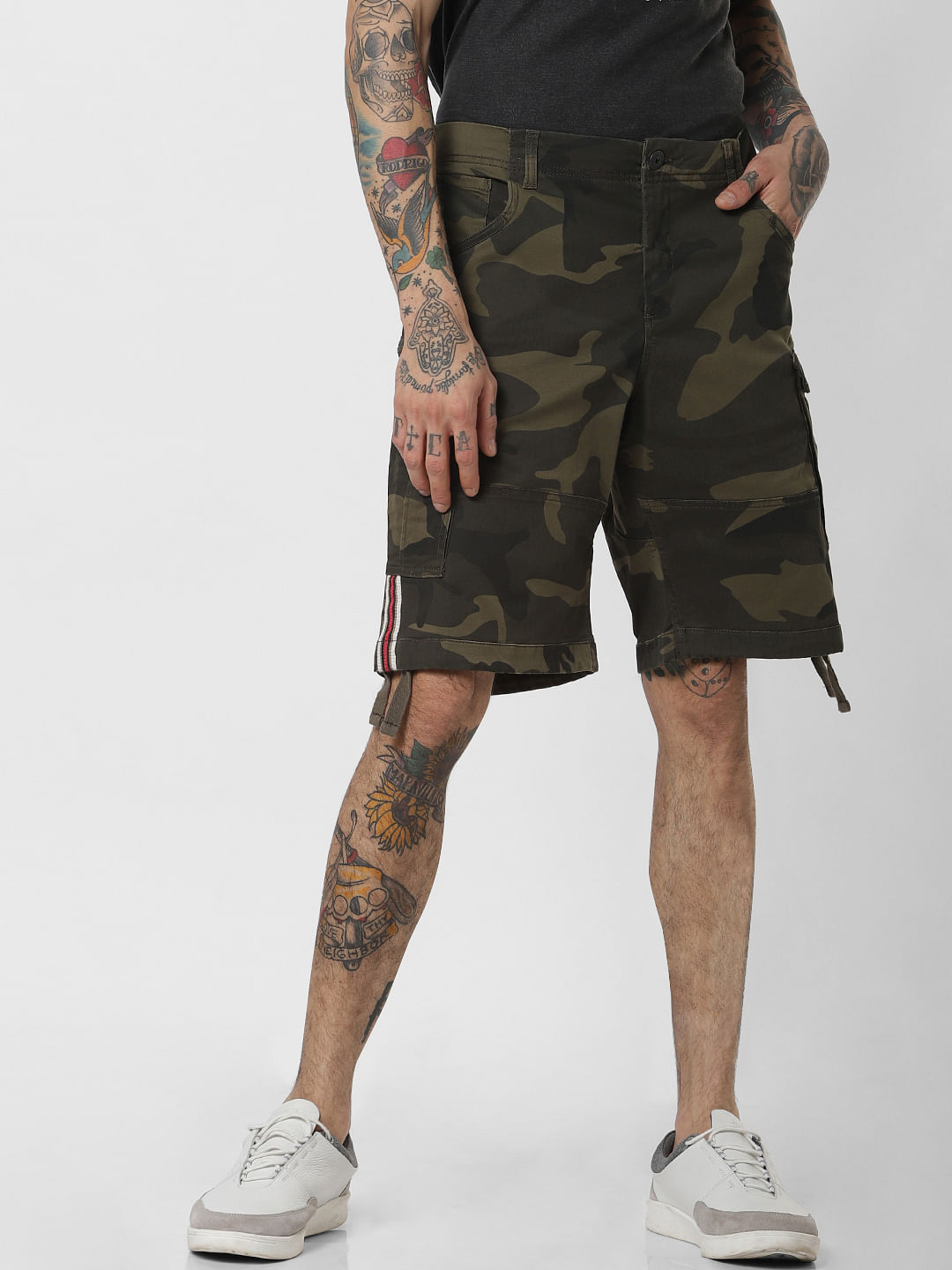 Green Camo Print Cargo Shorts - S