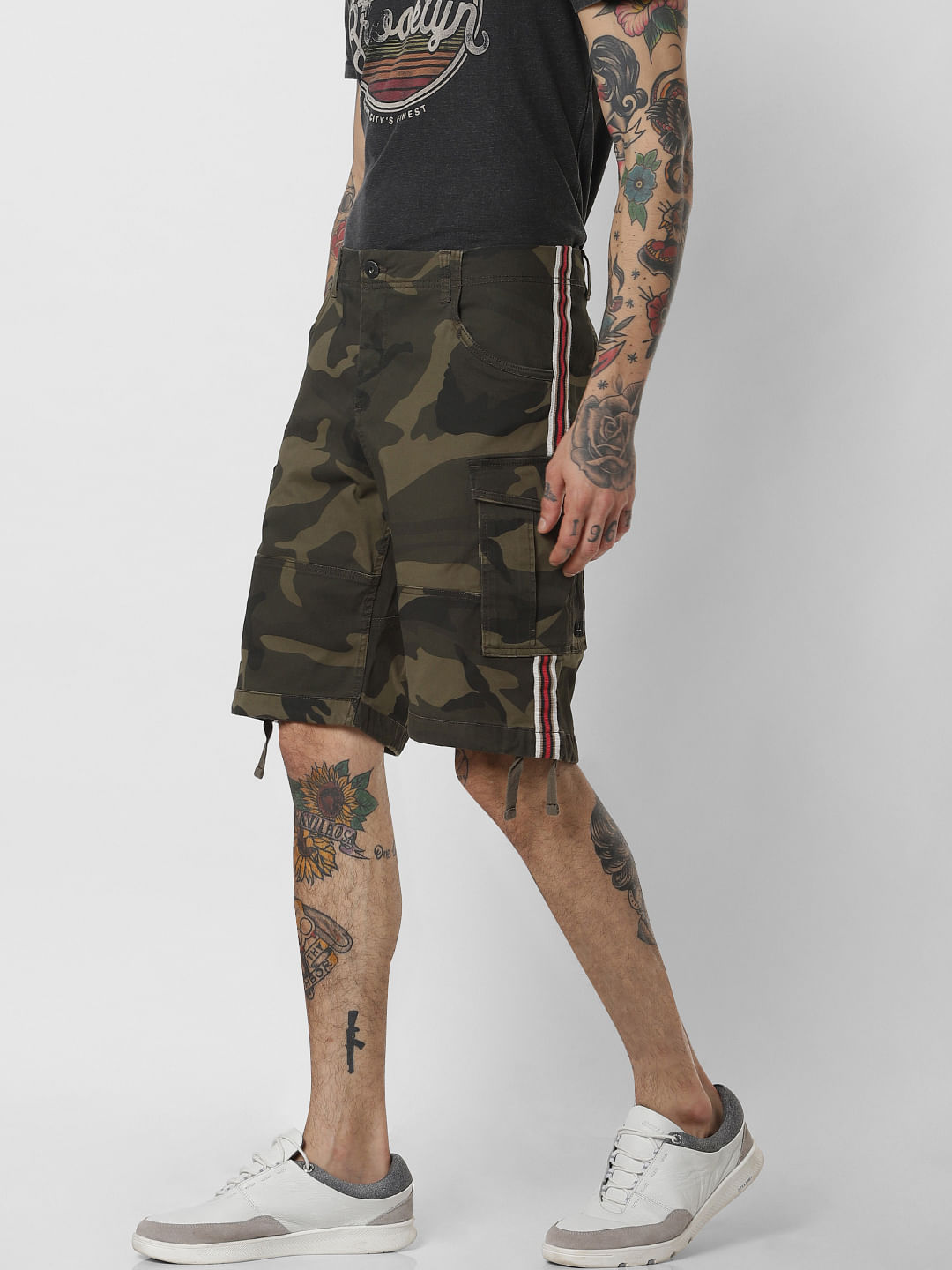 Green Camo Print Cargo Shorts
