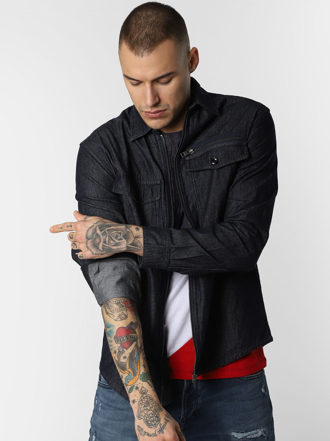 Dark Blue Zip Up Denim Full Sleeves Shirt - S