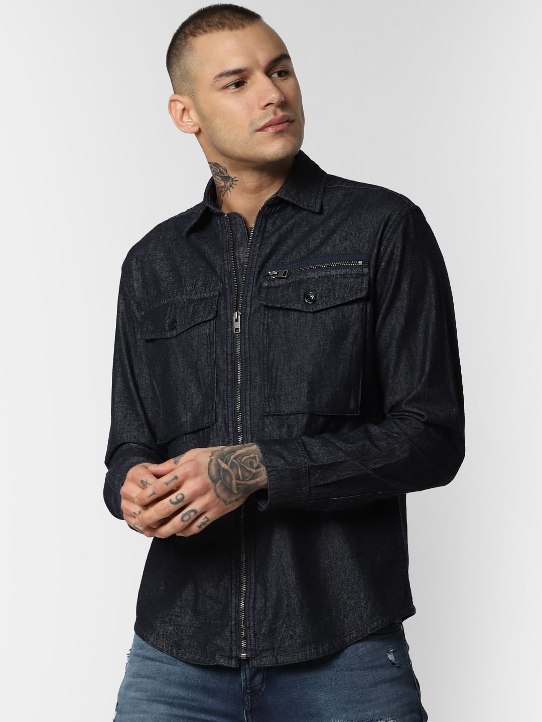 Dark Blue Zip Up Denim Full Sleeves Shirt