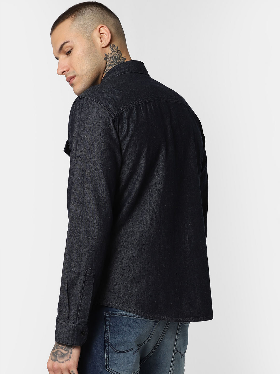 Dark Blue Zip Up Denim Full Sleeves Shirt