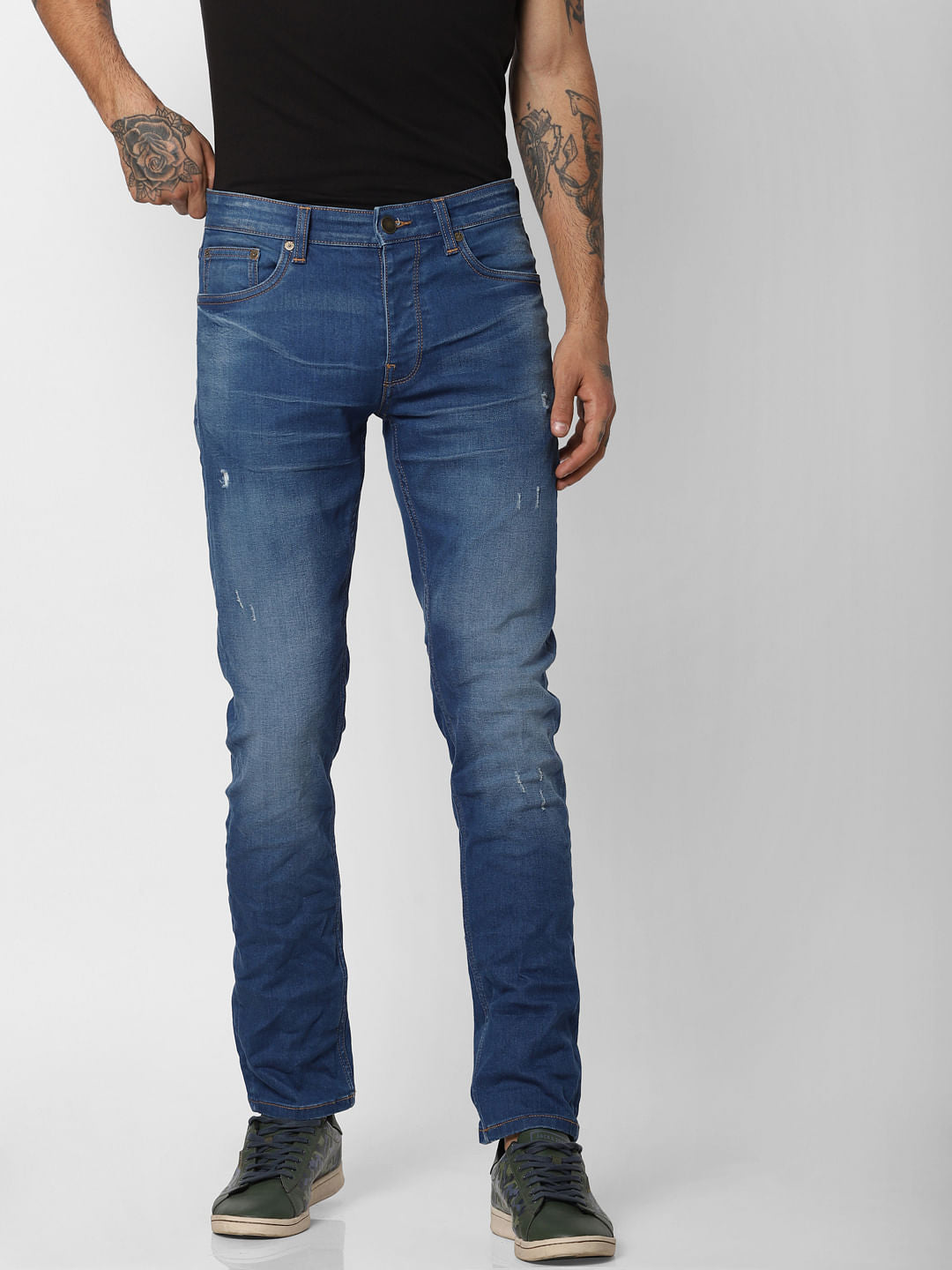 Blue Low Rise Washed Tim Anti Fit Jeans