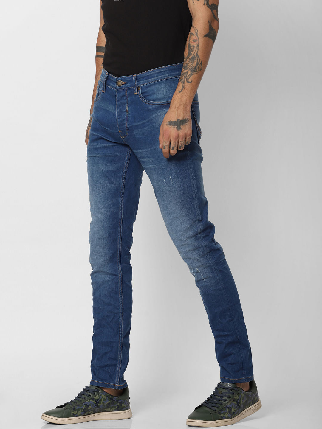Blue Low Rise Washed Tim Anti Fit Jeans