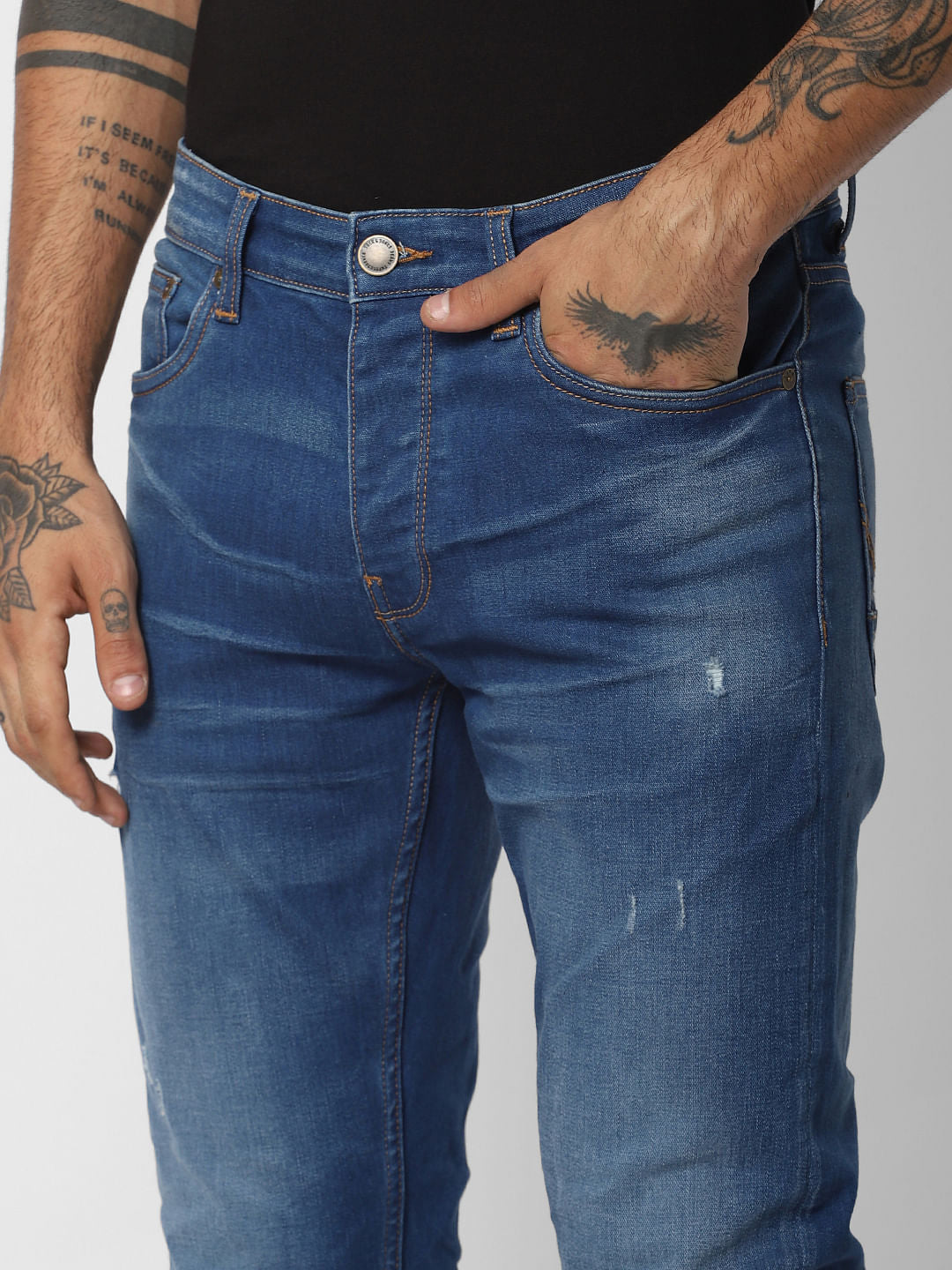 Blue Low Rise Washed Tim Anti Fit Jeans