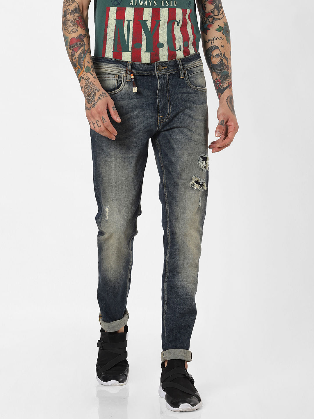 Blue Low Rise Ripped Skinny Jeans