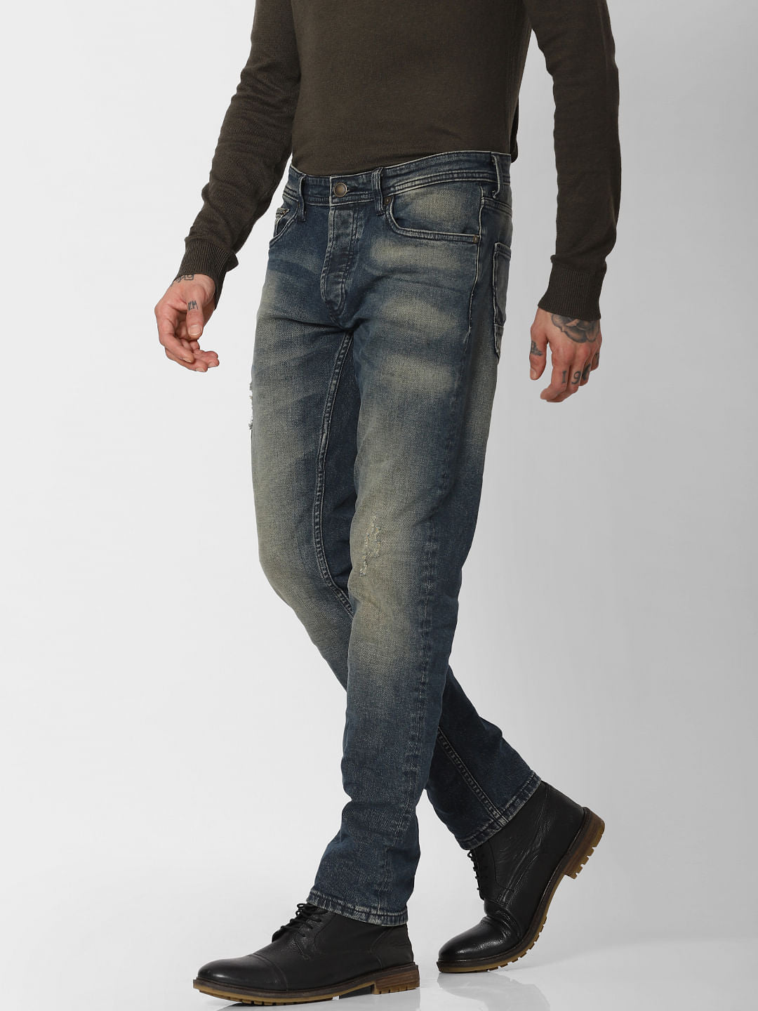 Blue Low Rise Washed Tim Anti Fit Jeans