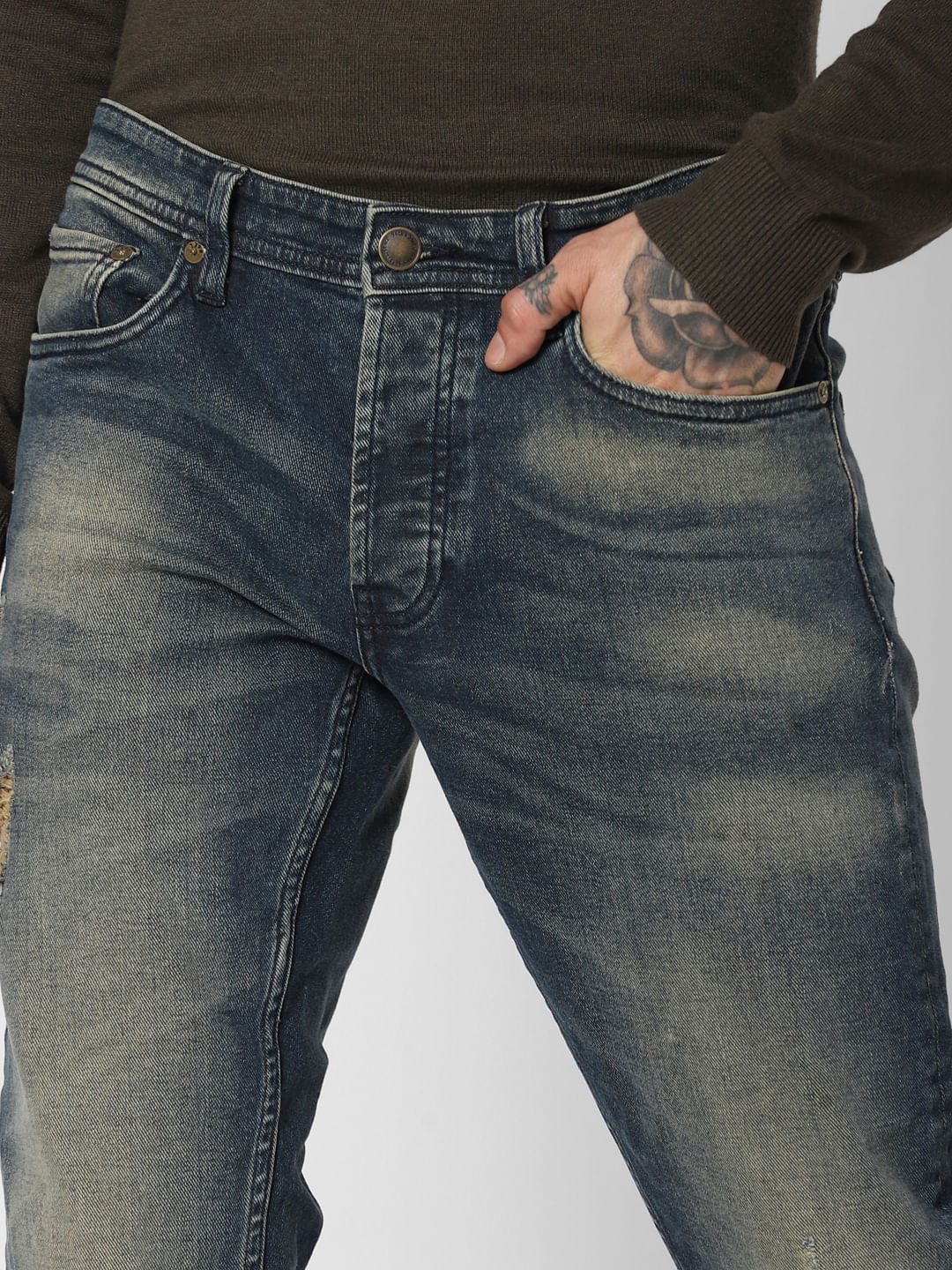 Blue Low Rise Washed Tim Anti Fit Jeans