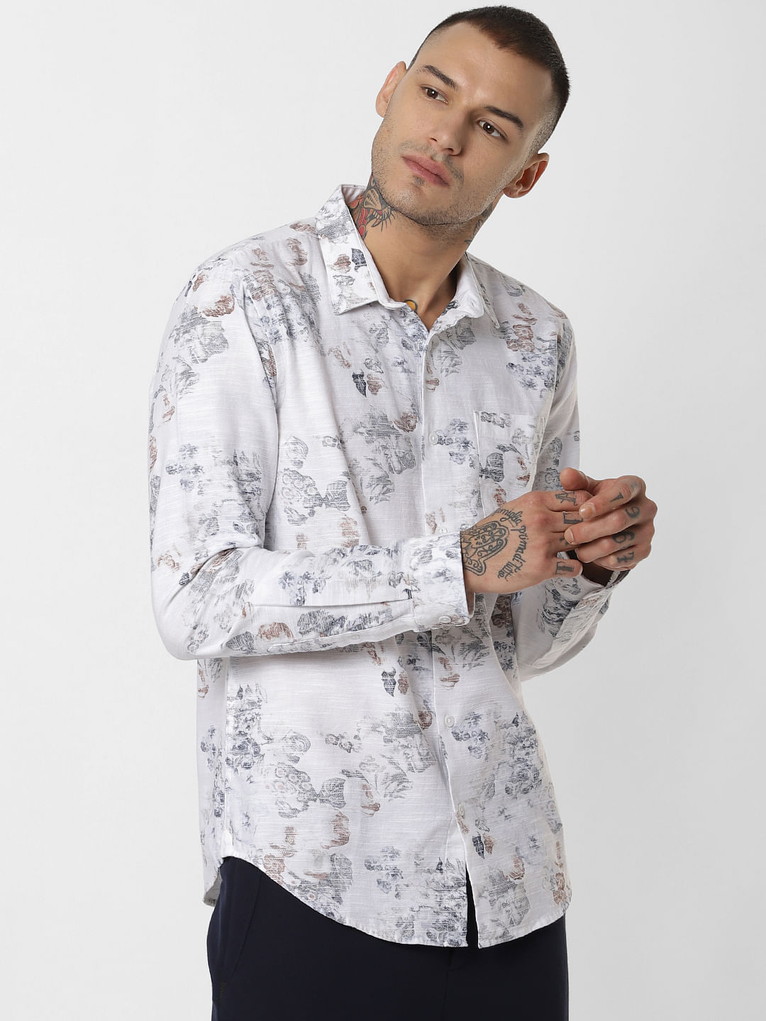 White Floral Print Full Sleeves Shirt