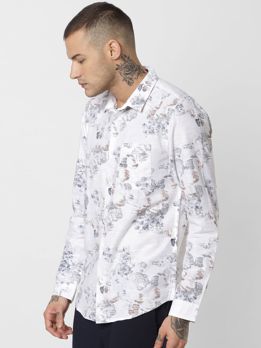 White Floral Print Full Sleeves Shirt