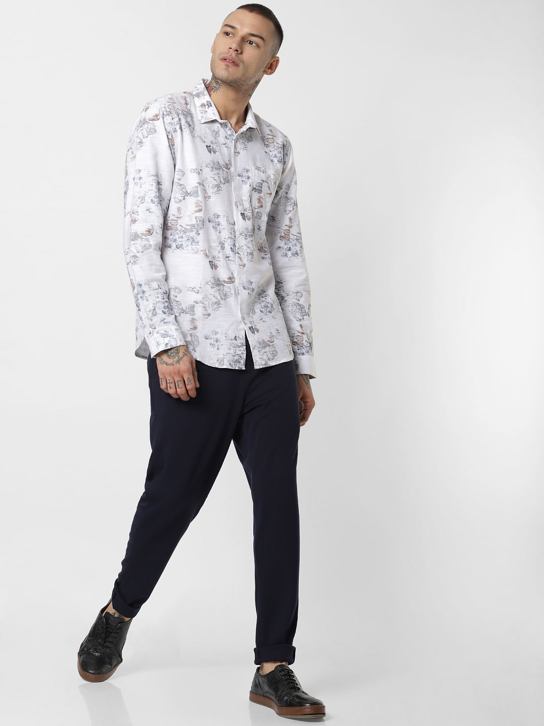 White Floral Print Full Sleeves Shirt