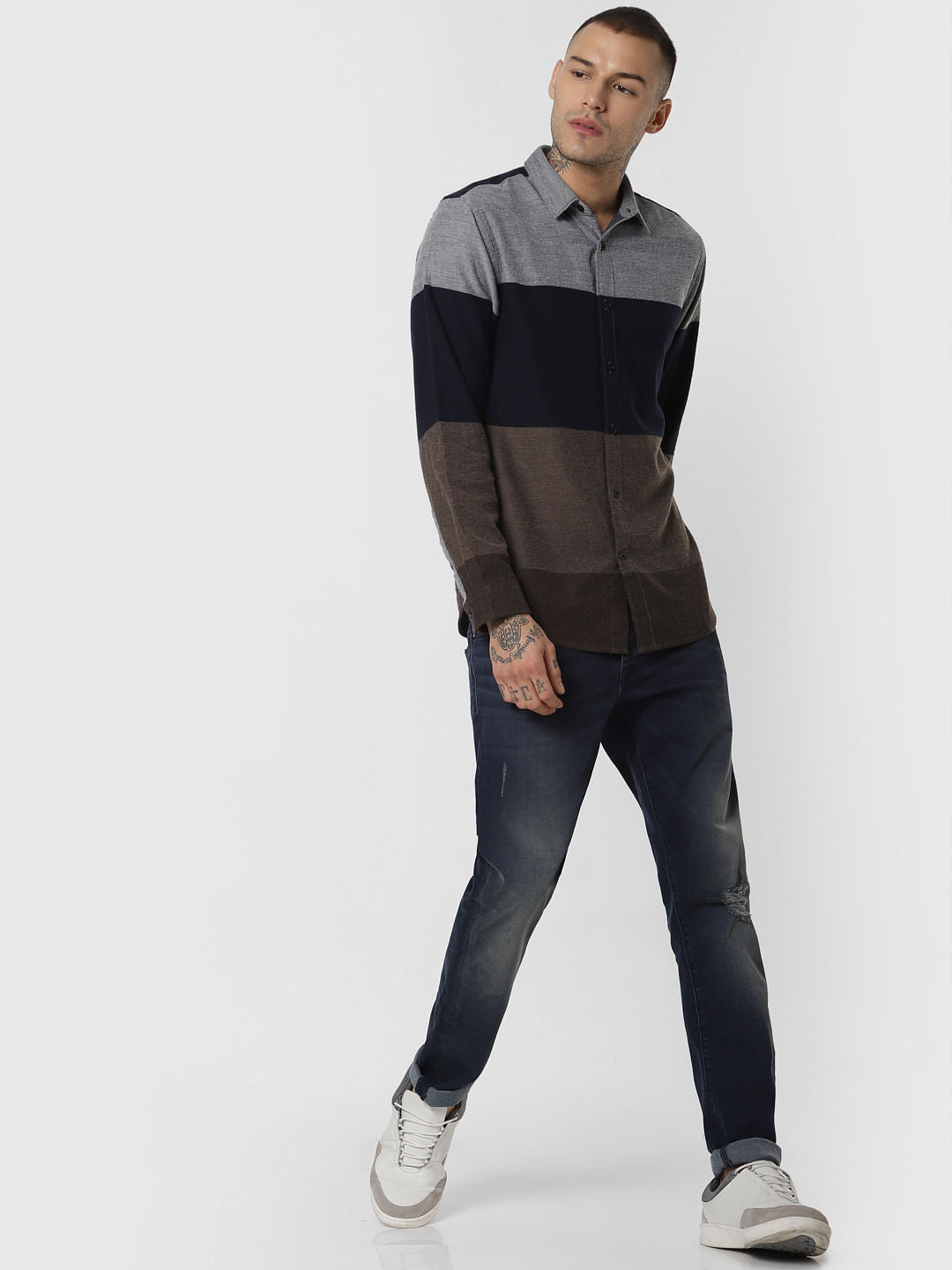 Brown Colourblocked Full Sleeves Shirt