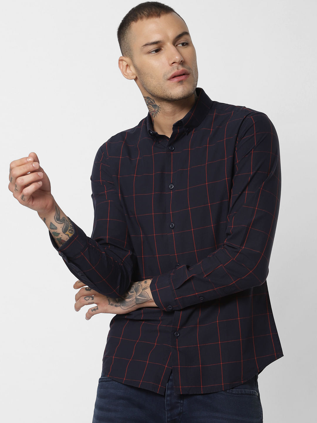 Navy Blue Check Full Sleeves Shirt