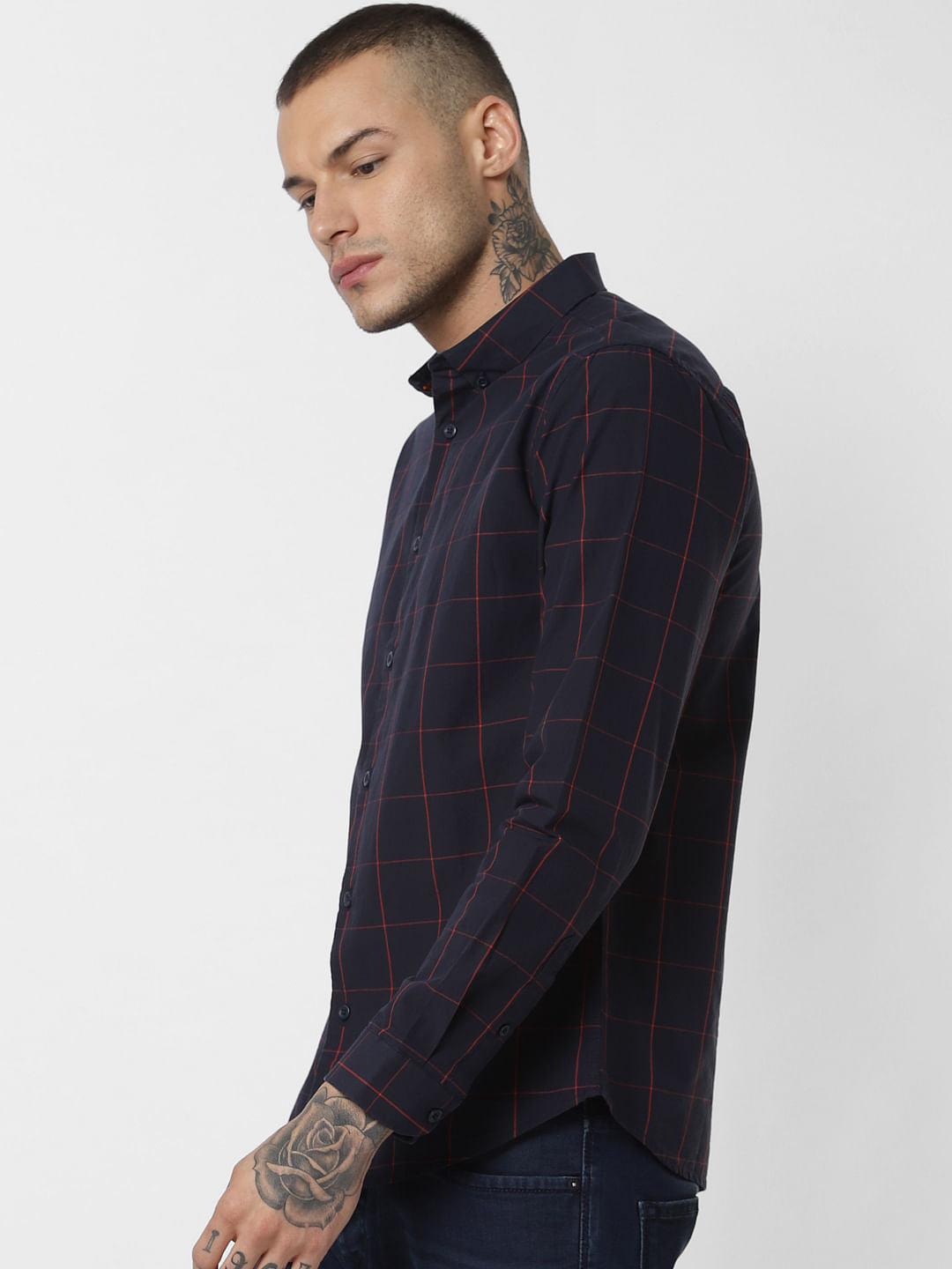 Navy Blue Check Full Sleeves Shirt
