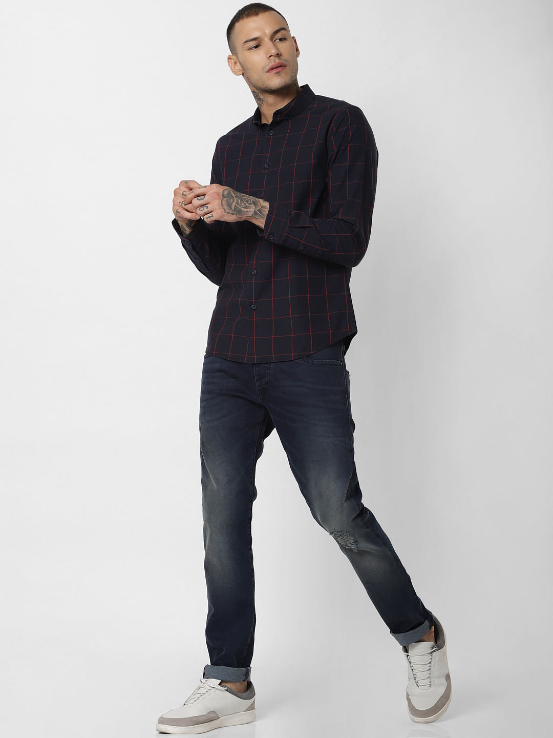 Navy Blue Check Full Sleeves Shirt