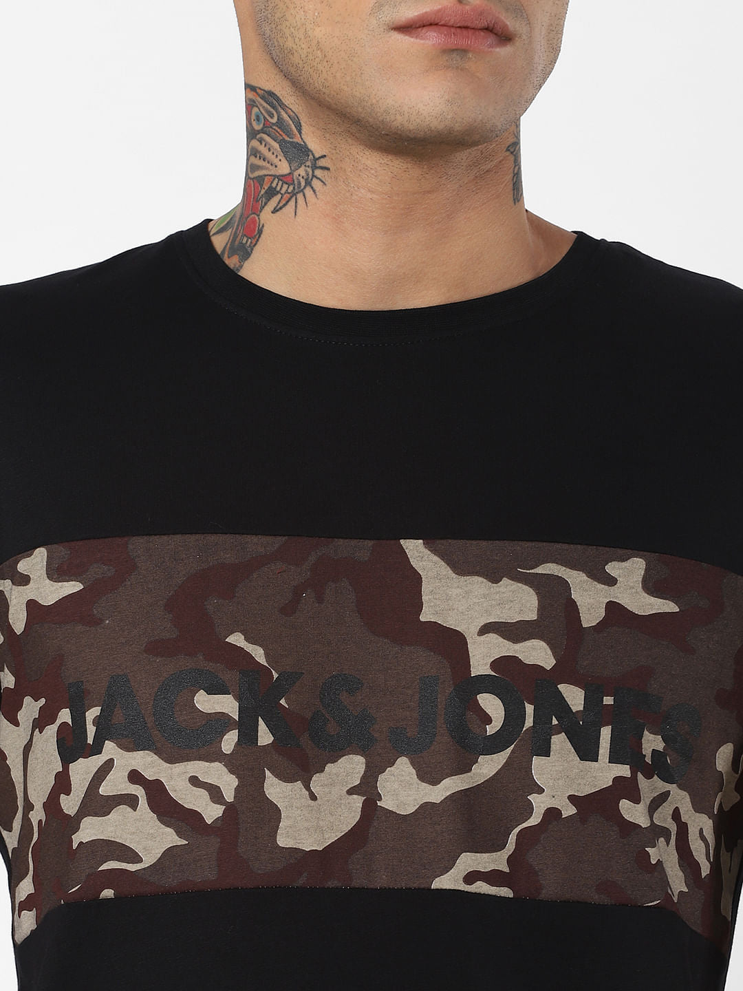 Black Camo Print Crew Neck T-Shirt