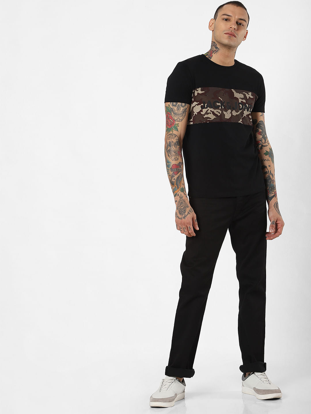 Black Camo Print Crew Neck T-Shirt