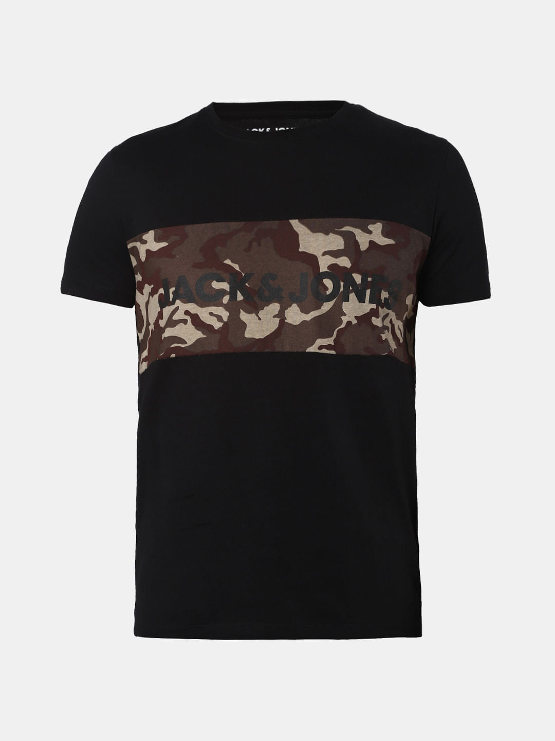 Black Camo Print Crew Neck T-Shirt