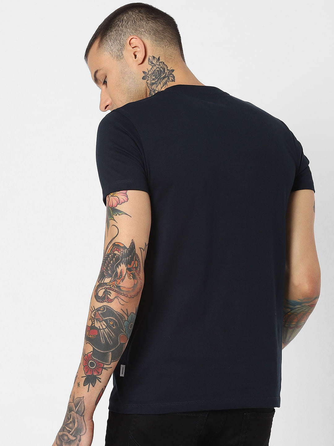 Navy Blue Logo Print Crew Neck T-Shirt
