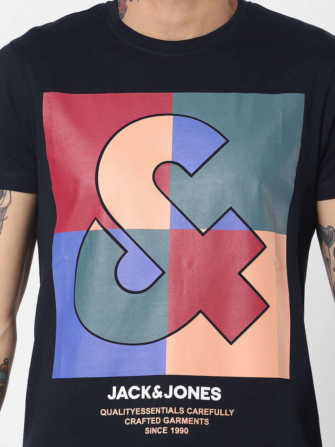Navy Blue Logo Print Crew Neck T-Shirt